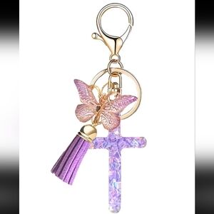 Purple Cross Butterfly Tassel Keychain Resin Bag Accessory